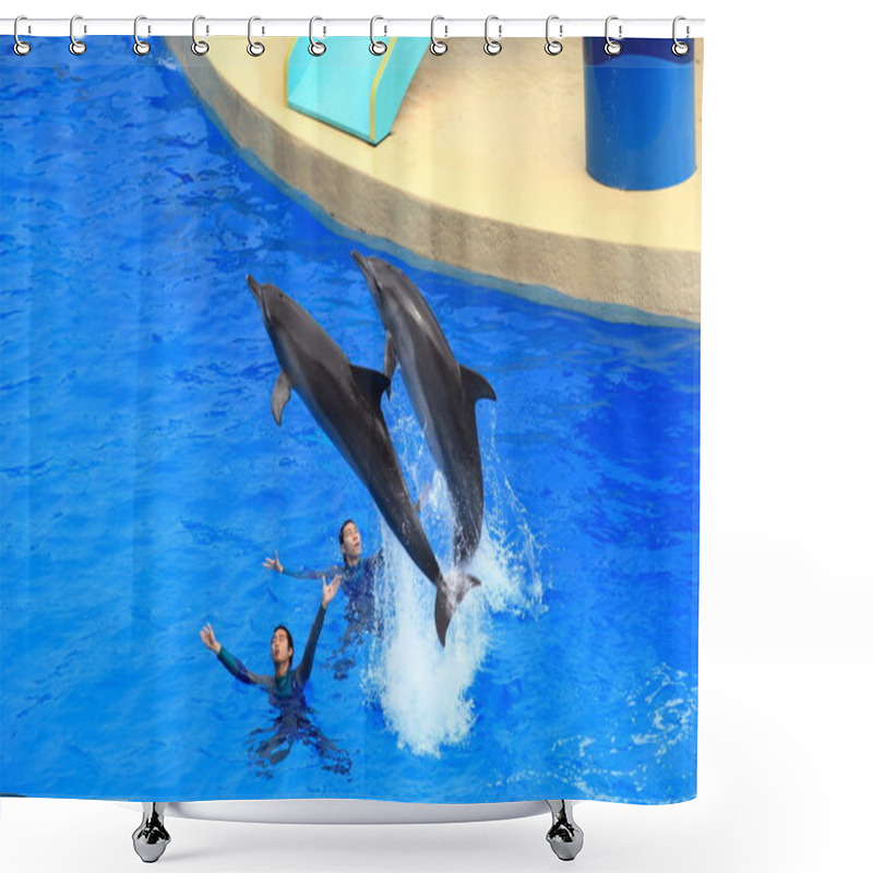 Personality  Dolphins And Their Trainers, Hong Kong Shower Curtains