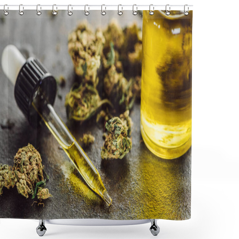 Personality  Close Up View Of Medical Marijuana Buds, Bottle And Dropper With Hemp Oil On Stone Surface Shower Curtains