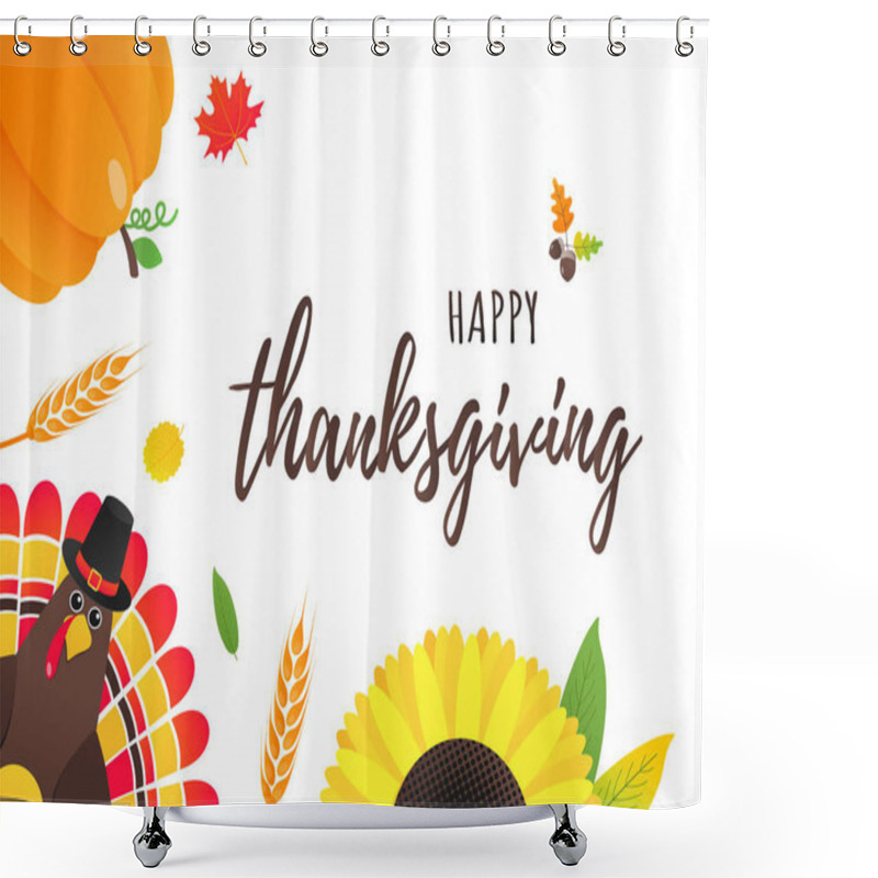 Personality  Happy Thanksgiving Day Flat Style Design Poster Vector Illustration With Turkey, Text, Autumn Leaves, Sunflower, Corn And Pumpkin. Turkey With Hat And Colored Feathers Celebrate Holidays! Shower Curtains