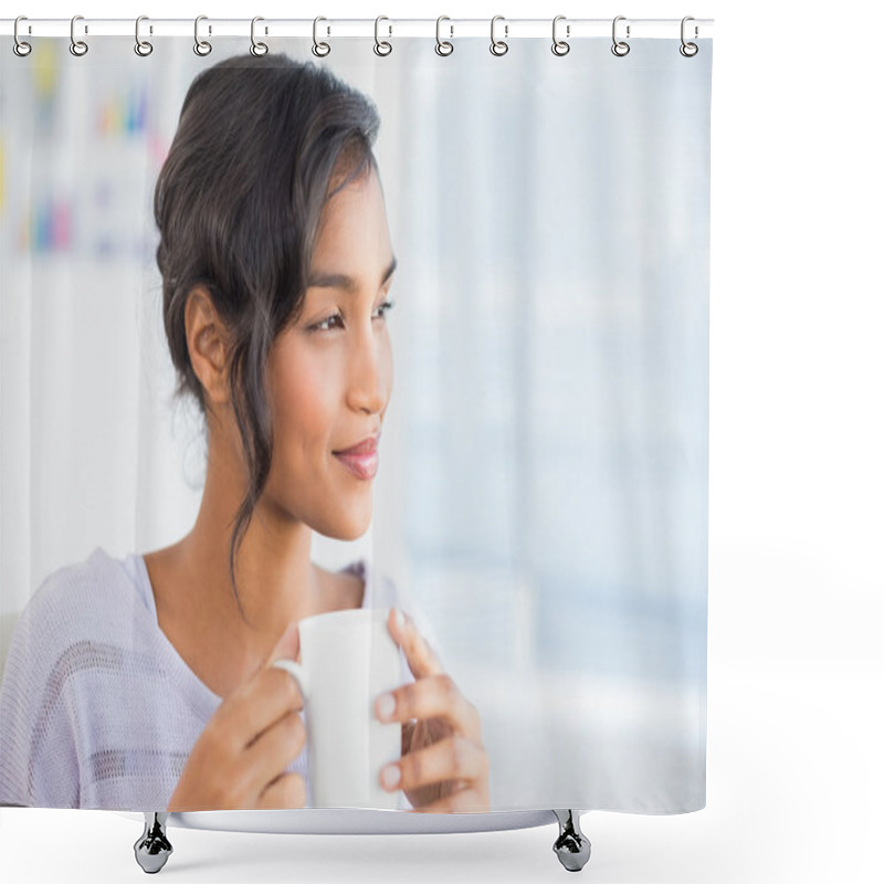 Personality   Casual Businesswoman Having A Coffee At Desk Shower Curtains