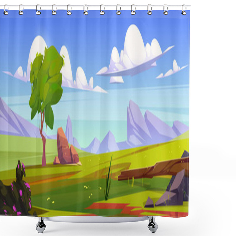 Personality  Beautiful Green Meadow In Mountain Valley. Cartoon Vector Illustration Of Panoramic Natural Landscape, Summer Field With Lush Grass, Stones, Tree And Rocks On Horizon Under Calm Blue Sky With Clouds Shower Curtains