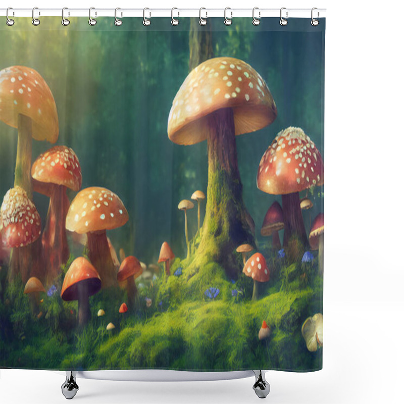 Personality  An Illustrative Painting With Detail Of A Forest With Many Mushrooms And Flowers In The Dense Grass Of A Forest. Shower Curtains