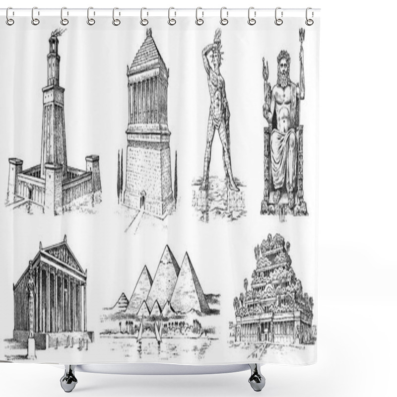 Personality  Seven Wonders Of The Ancient World. Pyramid Of Giza, Hanging Gardens Of Babylon, Temple Of Artemis At Ephesus, Zeus At Olympia, Mausoleum At Halicarnassus, Colossus Of Rhodes, Lighthouse Of Alexandria Shower Curtains