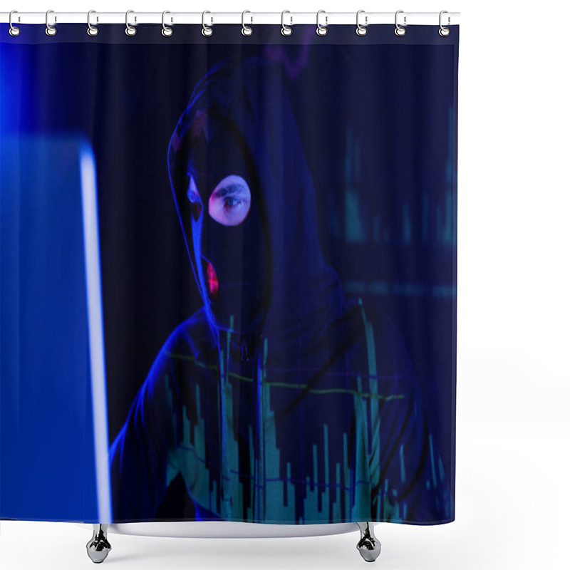 Personality  Hacker In Balaclava With Charts Reflection Looking At Blurred Computer Monitor On Black Background  Shower Curtains