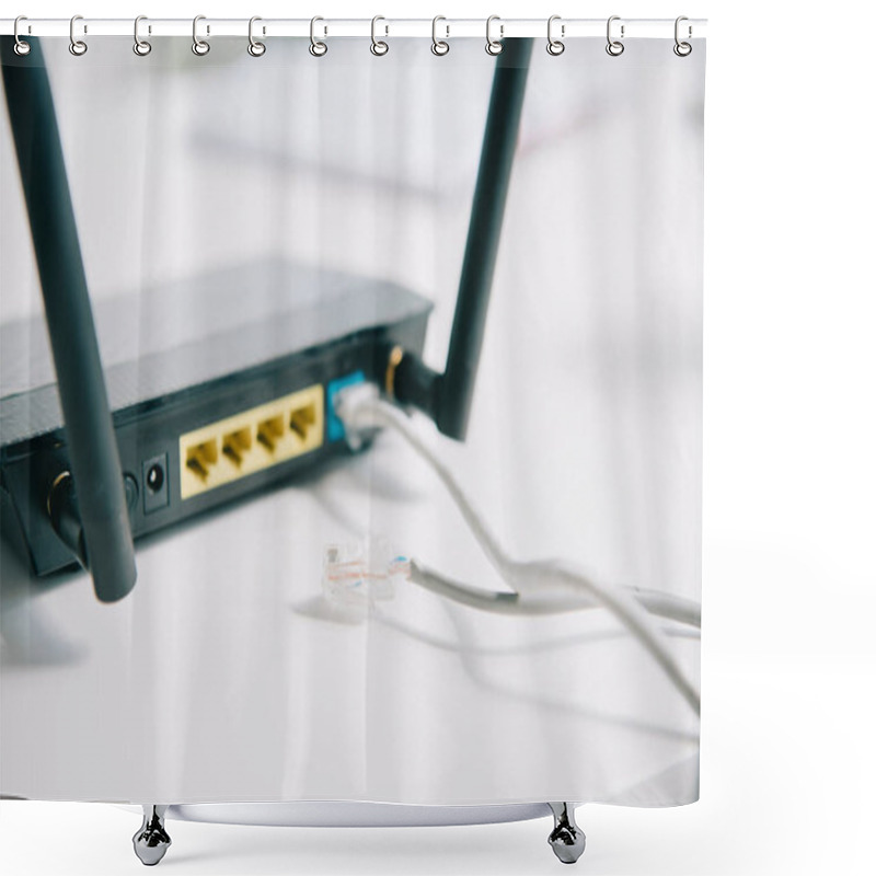 Personality  Selective Focus Of Black Plugged Router On Office Table Shower Curtains