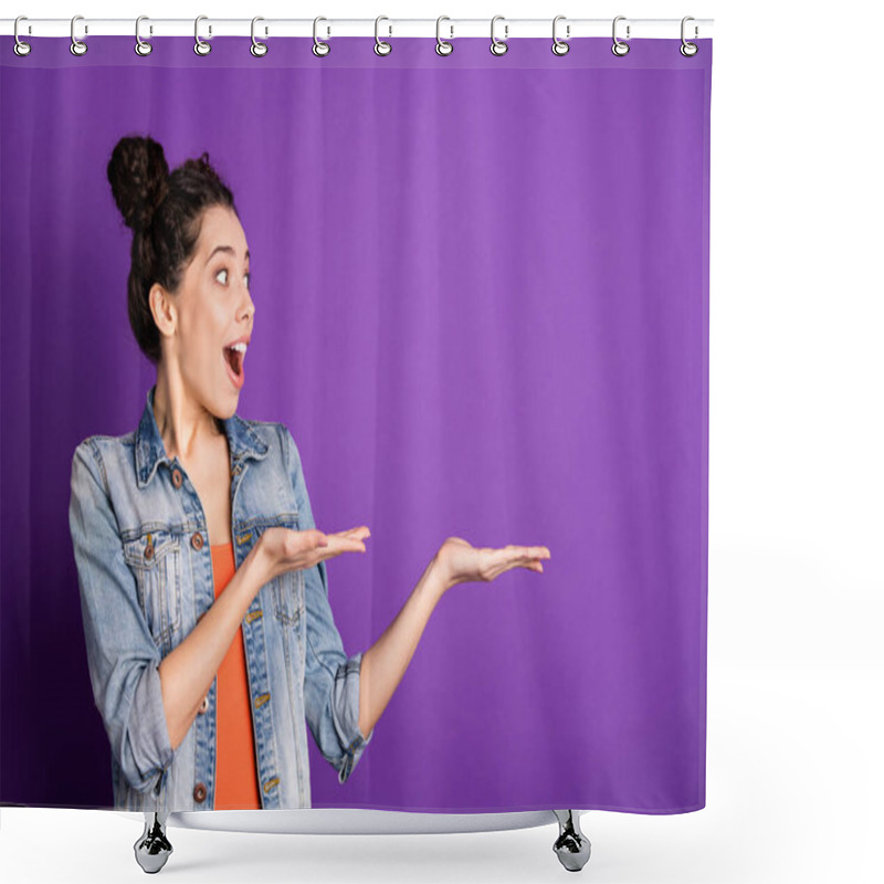 Personality  Wow Omg. Good Looking Funky Crazy Girl Find Bargain Feel Shocked Impressed Expression Scream Hols Hand Present Wonderful Promotion Wear Stylish Trendy Outfit Isolated Over Purple Color Background Shower Curtains