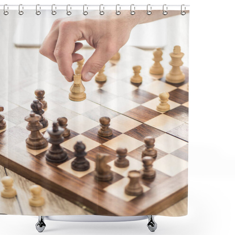 Personality  Close-up Partial View Of Person Playing Chess At Wooden Table Shower Curtains