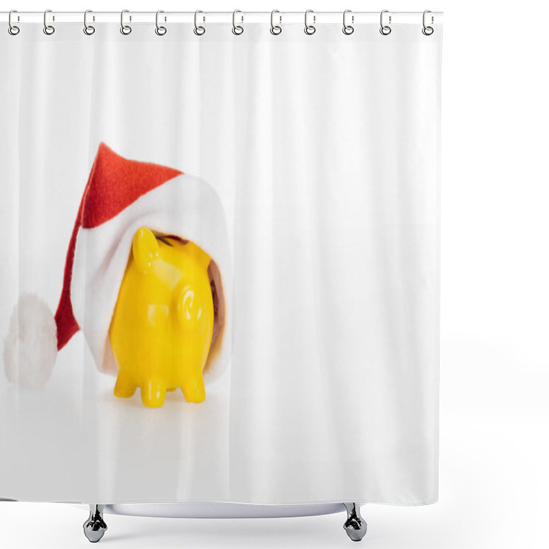 Personality  Close-up View Of Yellow Piggy Bank In Santa Hat Isolated On White  Shower Curtains