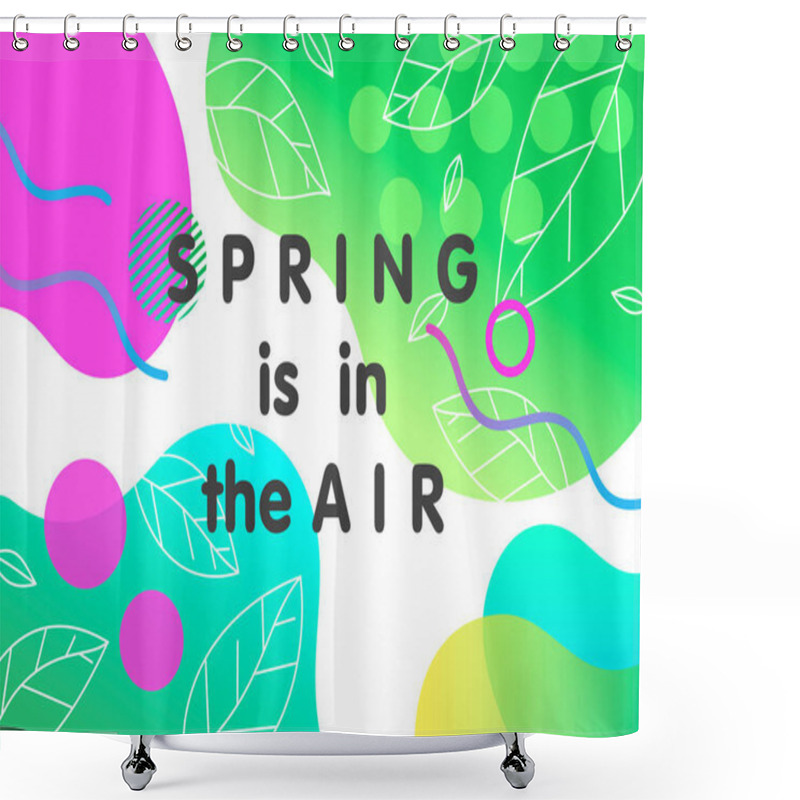 Personality  Trendy Spring Card With Bright Gradient Background,tiny Leaves,fluid Shapes And Geometric Elements In Memphis Style.Bright Abstract Layout Perfect For Prints,flyers,banners,invitations,covers And More Shower Curtains