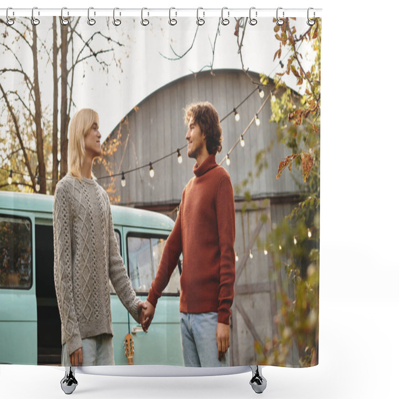 Personality  Young Loving Gay Couple Share A Tender Moment, Hands Intertwined, Against A Charming Vintage Van Backdrop. Soft Lighting And Autumn Leaves Create A Warm Atmosphere Perfect For Connection. Shower Curtains