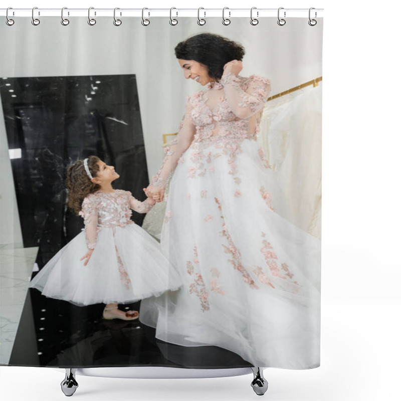 Personality  Cheerful Middle Eastern Woman With Wavy Hair In Stunning Wedding Dress Holding Hands With Daughter In Cute Floral Attire While Standing In Bridal Salon, Shopping, Luxurious, Golden Accents  Shower Curtains