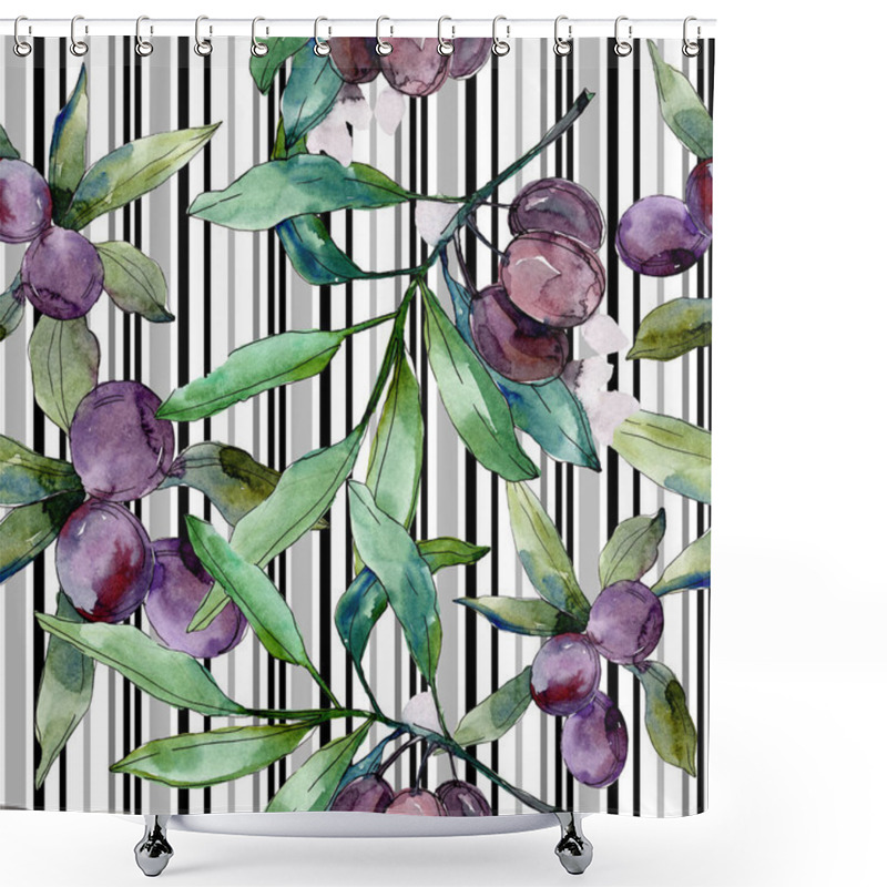 Personality  Black Olives On Branches With Green Leaves. Botanical Garden Floral Foliage. Watercolor Background Illustration. Seamless Background Pattern. Fabric Wallpaper Print Texture. Shower Curtains