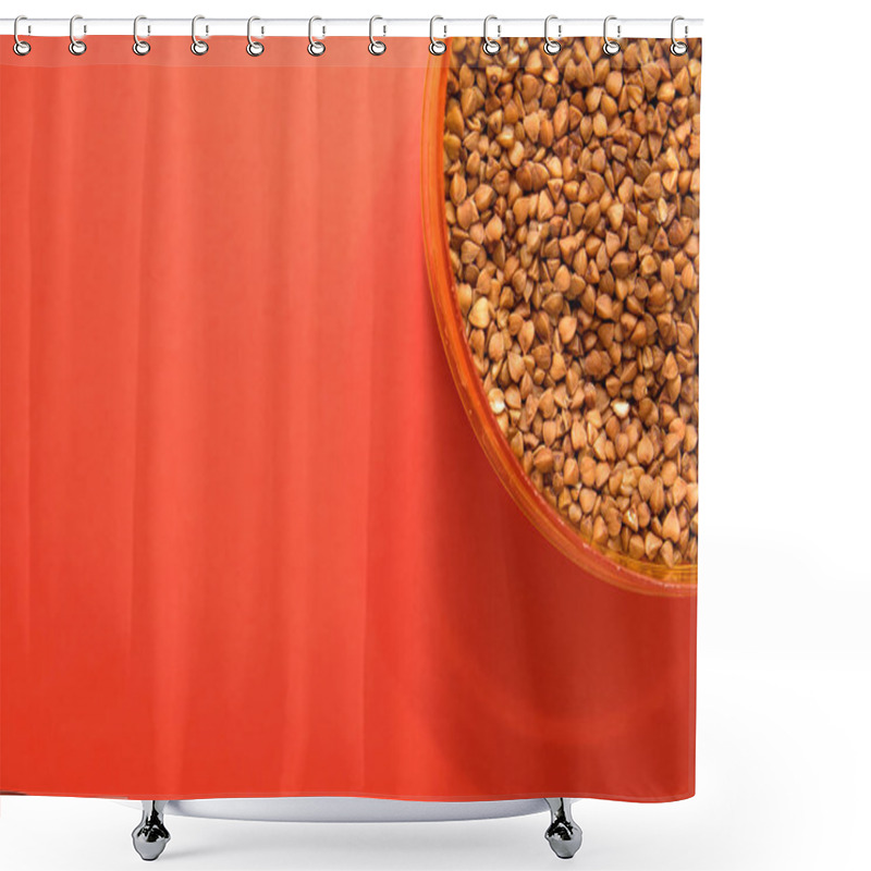 Personality  Uncooked Buckwheat In A Plastic Container On A Red Background In The Corner Shower Curtains