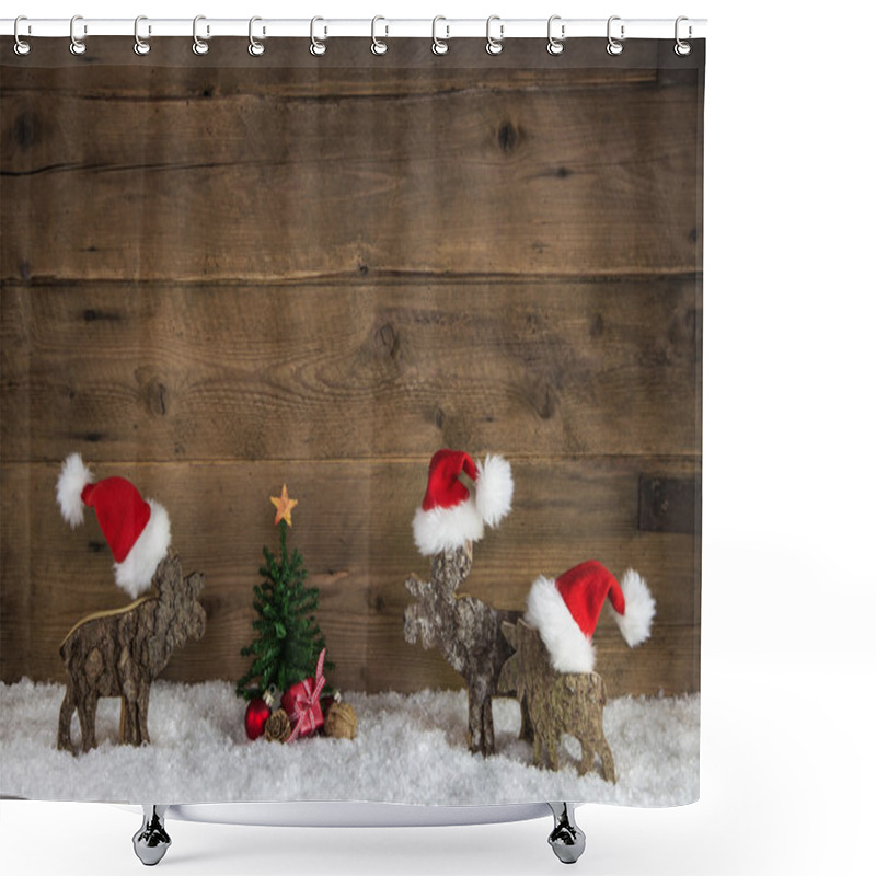 Personality  Three Handmade Wooden Reindeer As Santa On Old Wood Background F Shower Curtains