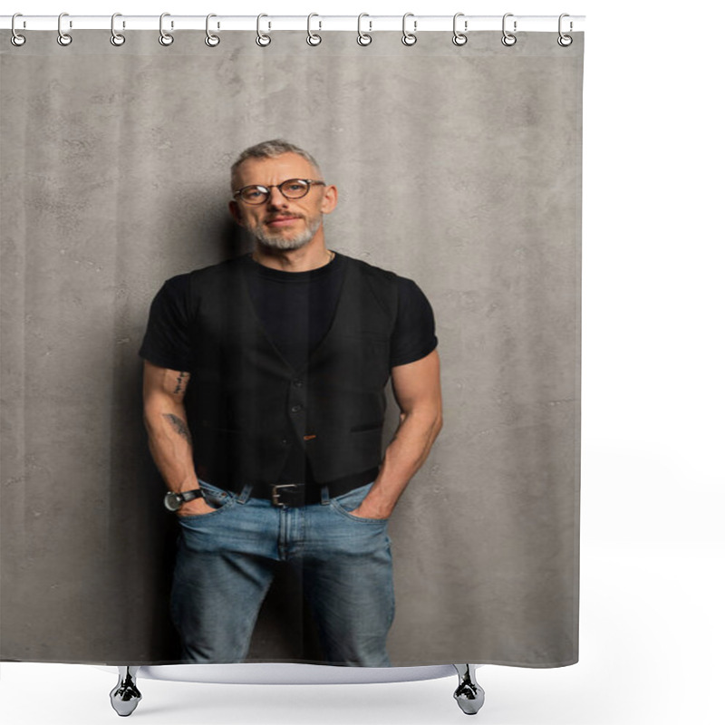 Personality  Tattooed Businessman Standing With Hands In Pockets On Grey  Shower Curtains