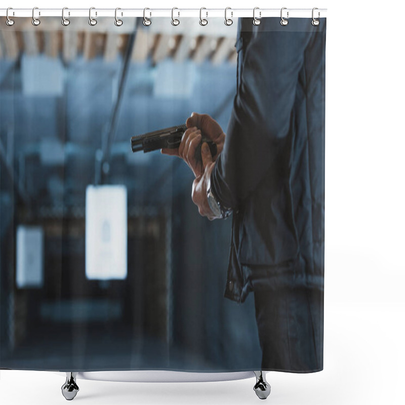 Personality  Cropped Image Of Man Putting Magazine Into Gun Shower Curtains