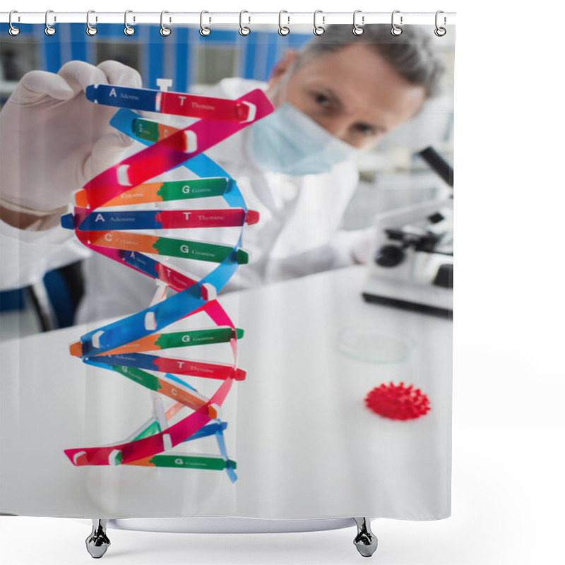 Personality  Selective Focus Of Dna Model Near Geneticist In Medical Mask On Blurred Background Shower Curtains