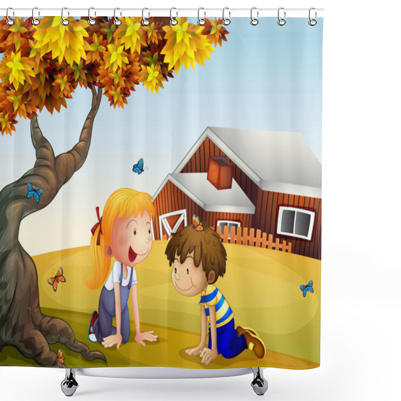 Personality  Kids Playing With The Butterflies Near A Big Tree Shower Curtains