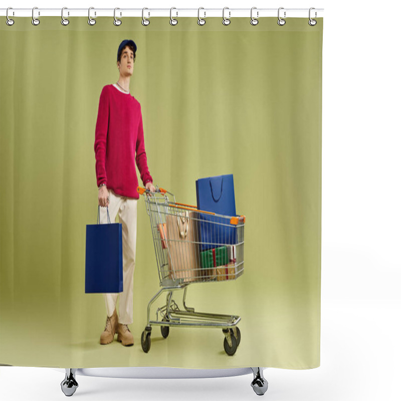 Personality  A Young Man With Curly Hair Holds Shopping Bags, Excited For Black Friday Deals In A Vibrant Studio. Shower Curtains