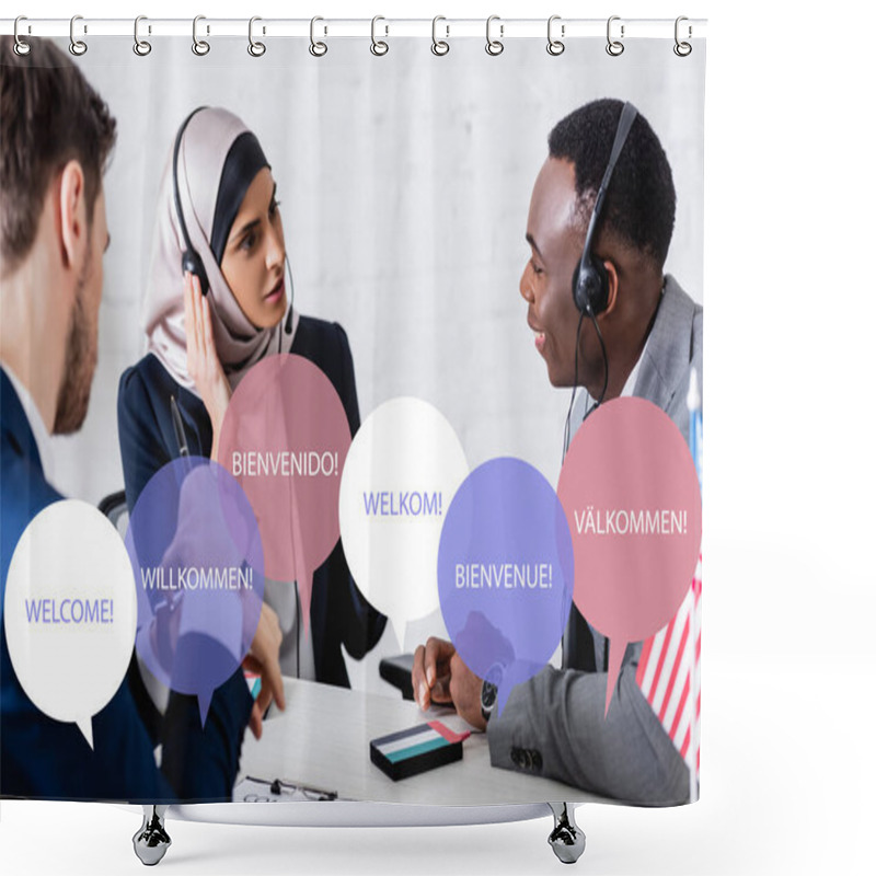 Personality  Interracial Business Partners In Headsets Near Digital Translators And Interpreter, Speech Bubbles With Word Welcome In Different Languages Illustration Shower Curtains