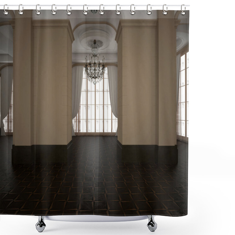 Personality  3d Rendering.Classic Hall, Blank Interior. Wooden Dark Parquet Floor. Light Cream Walls Shower Curtains