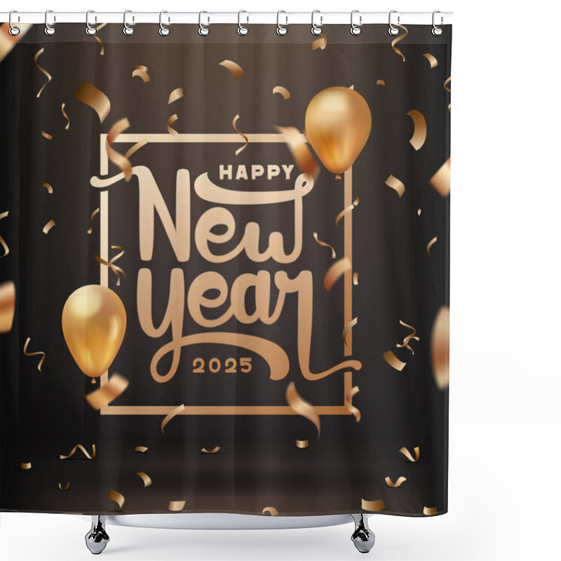 Personality  Happy New Year 2025 Unique And Creative Text Calligraphy Design With Golden Balloons And Confetti On Black Background  Shower Curtains