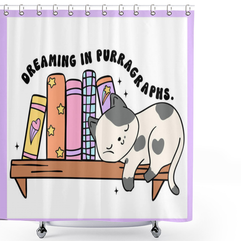 Personality  Cozy Book Vibe Retro Groovy Cat Sleeping On Bookshelf, Vibrant And Bold Cartoon Doodle Drawing. Shower Curtains