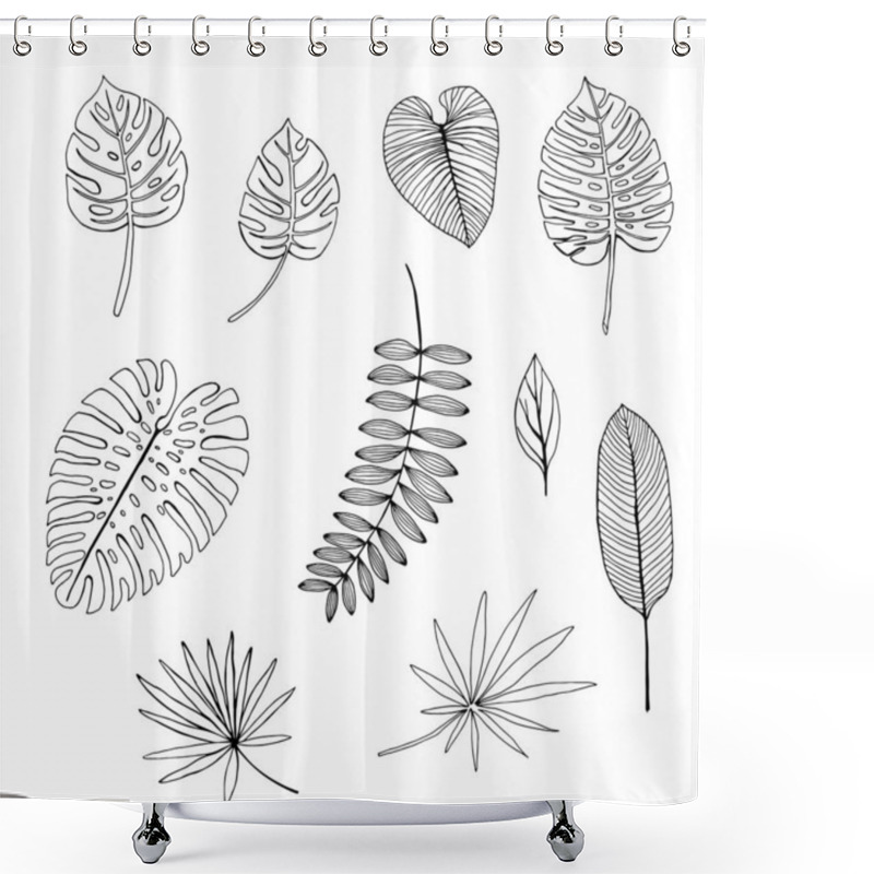 Personality  Set Of Hand Drawn Tropical Leaves. Outline Drawing Shower Curtains