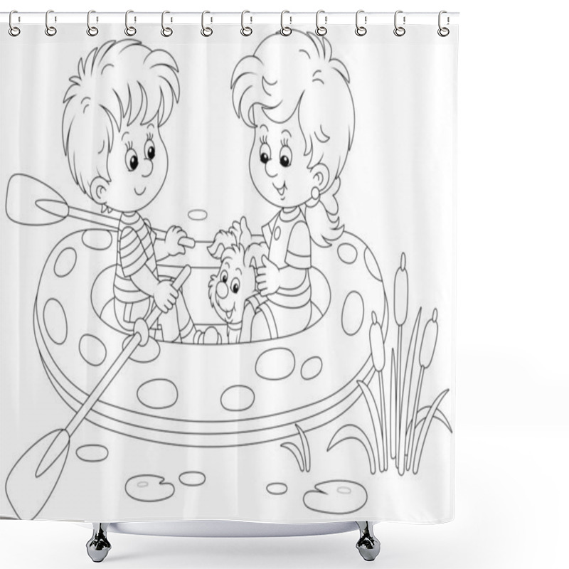 Personality  Happy Little Girl And Boy With Their Merry Pup Riding An Inflatable Boat On A Small Lake On Summer Vacation, Black And White Outline Vector Cartoon Illustration For A Coloring Book Page Shower Curtains