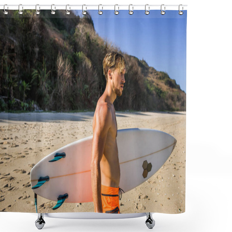 Personality  Side View Of Man With Surfing Board Looking Away On Sandy Beach Shower Curtains