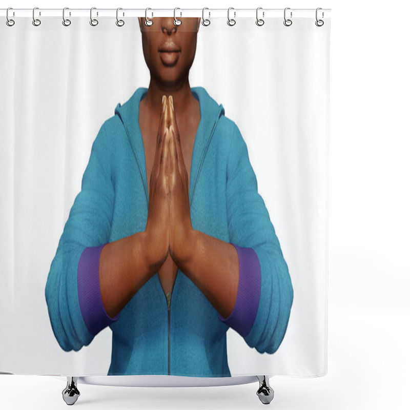 Personality  African Woman Hands In Namaste Gesture Close Up On White Background Shower Curtains