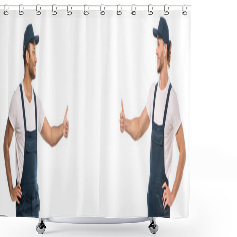 Personality  Multicultural Movers Showing Thumbs Up And Looking At Each Other Isolated On White, Banner Shower Curtains