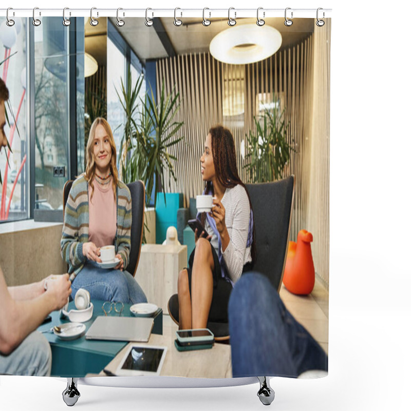 Personality  A Diverse Group Of Colleagues From A Startup Team Engage In A Lively Discussion Around A Table In A Modern Co-working Space. Shower Curtains