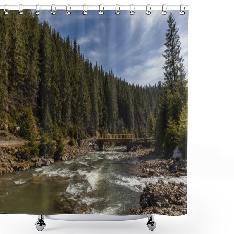 Personality  Mountain River With Bridge And Evergreen Forest At Background  Shower Curtains