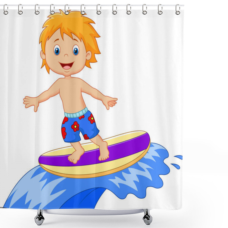 Personality  Kids Cartoon Play Surfing On Surfboard Over Big Wave Shower Curtains