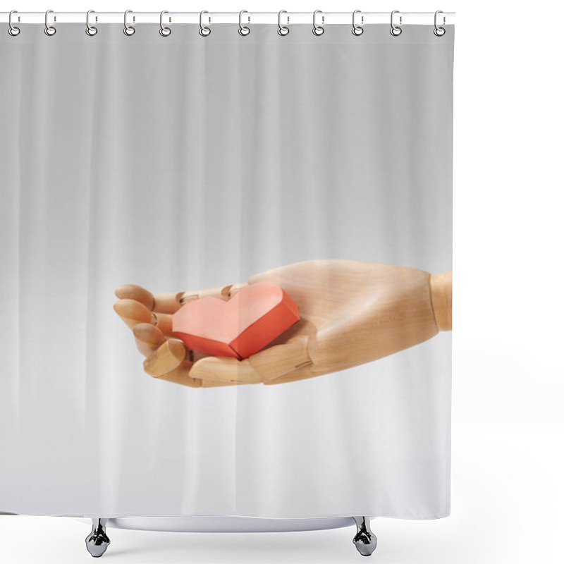 Personality  Heart Shaped Paper On Wooden Hand Of Doll Isolated On Grey Shower Curtains