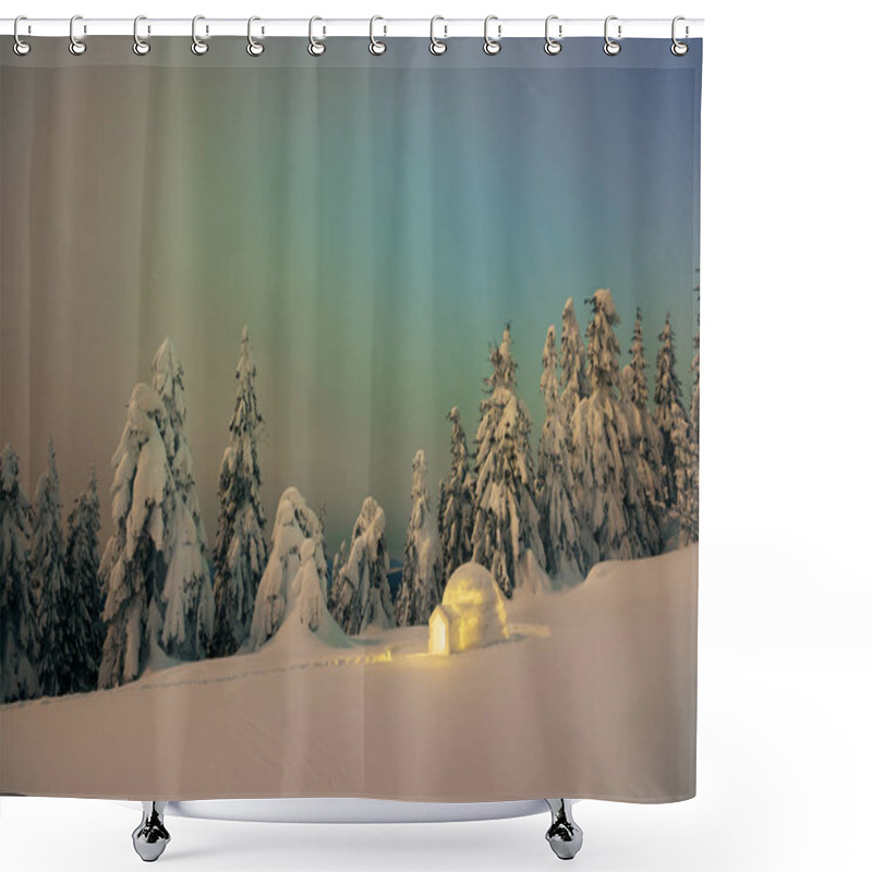 Personality  Igloo Snow In A Mountain Forest. Night View With Snowy Fir Trees. Dreamy Winter Scene Shower Curtains