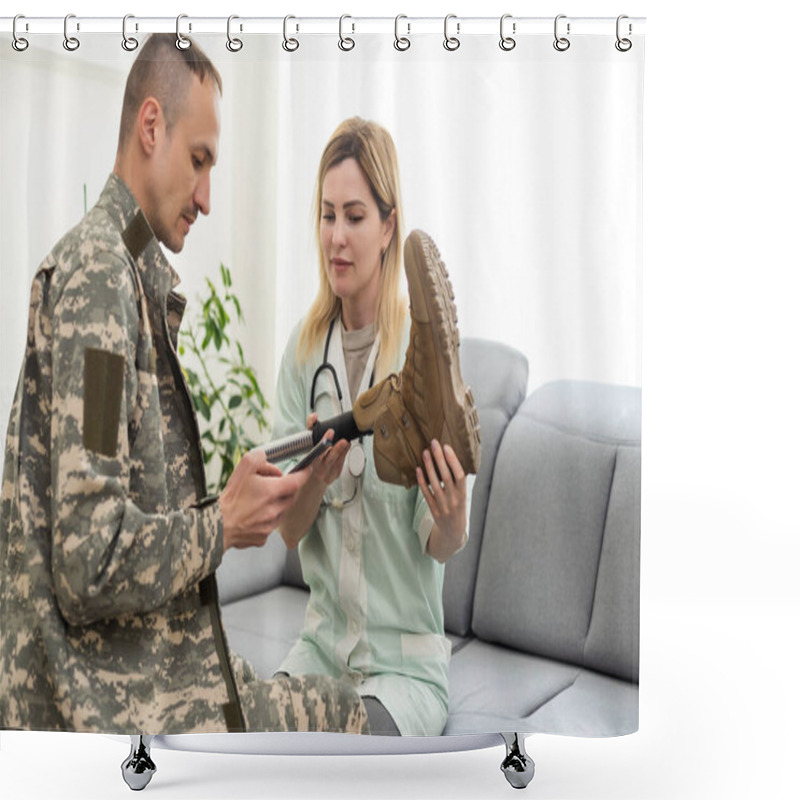 Personality  Physiotherapist Helping Young Man With Prosthetic Legs. High Quality Photo Shower Curtains