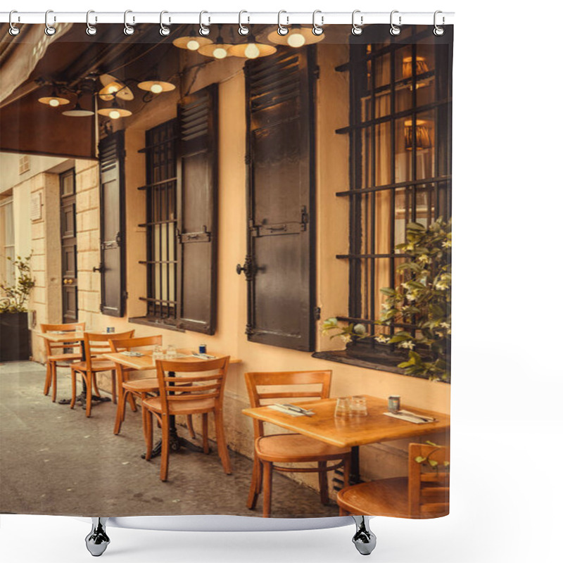 Personality  French Restaurant - Tables And Chairs On The Street In Warm Light - Paris, France Shower Curtains