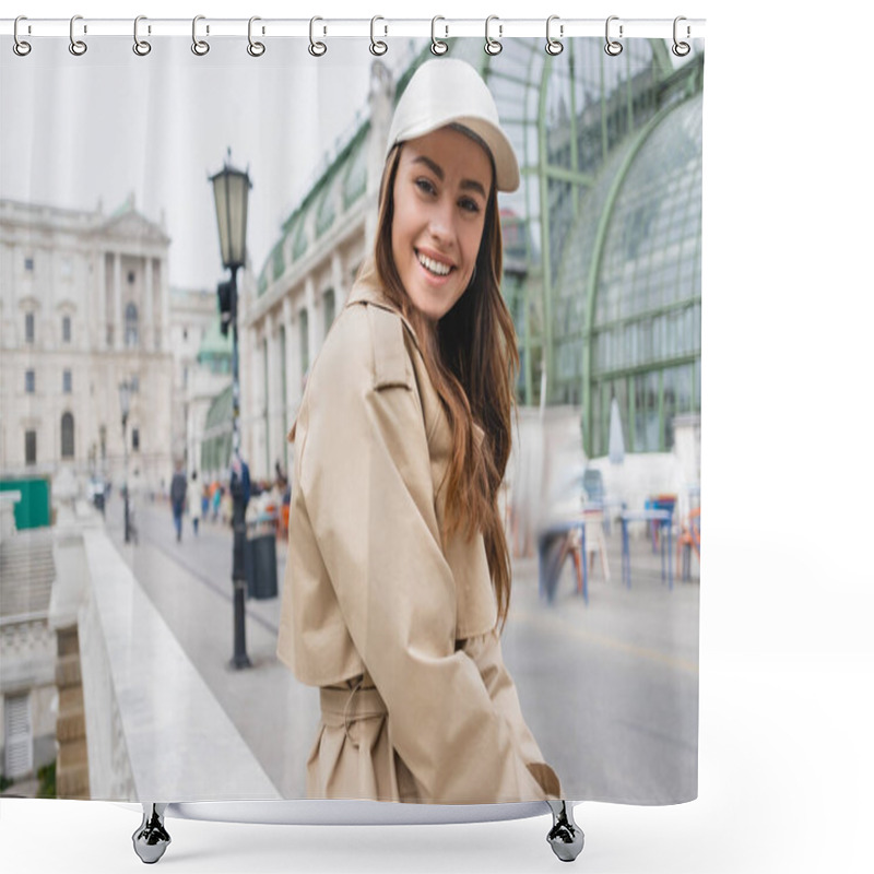 Personality  Happy Young Woman In Stylish Trench Coat And Baseball Cap  Shower Curtains