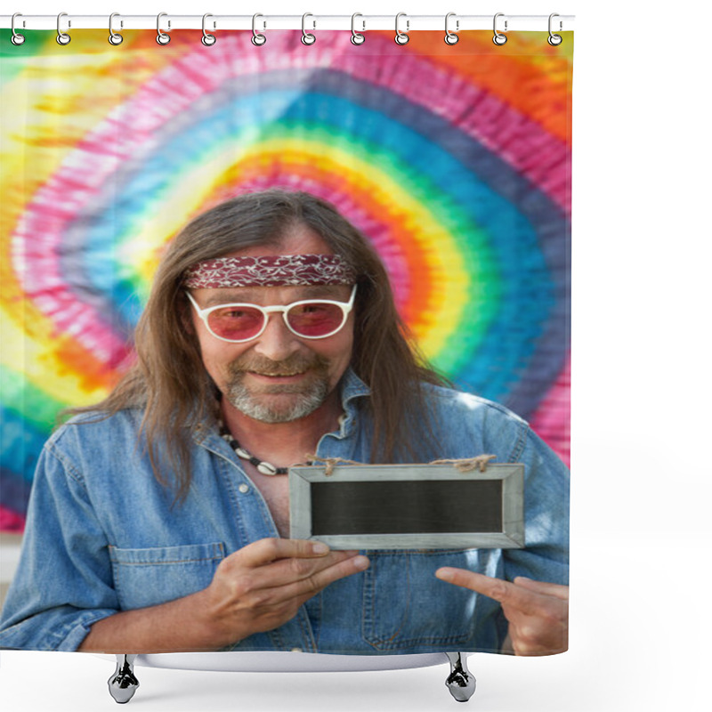 Personality  Hippie Man Pointing Towards A Blank Blackboard Shower Curtains