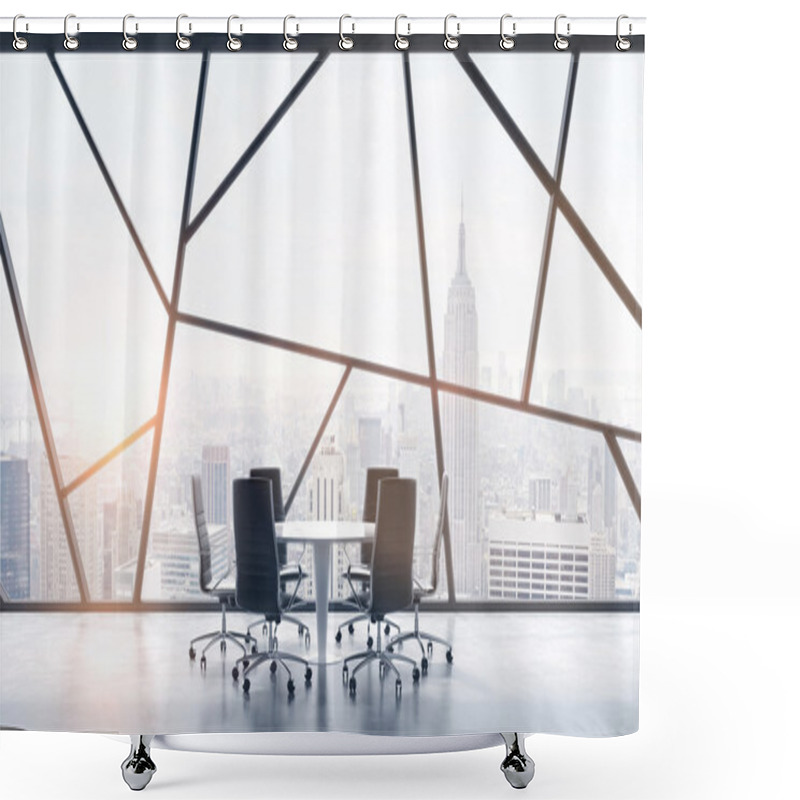 Personality  A Meeting Room In A Bright Contemporary Panoramic Office Space With New York City View. The Concept Of Highly Professional Financial Or Legal Services. 3D Rendering. Toned Image. Shower Curtains