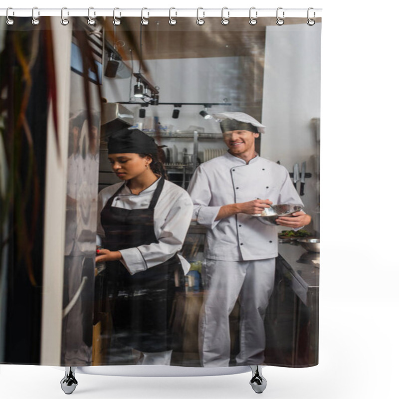 Personality  Smiling Chef Whisking Eggs And Looking At African American Colleague In Kitchen Shower Curtains