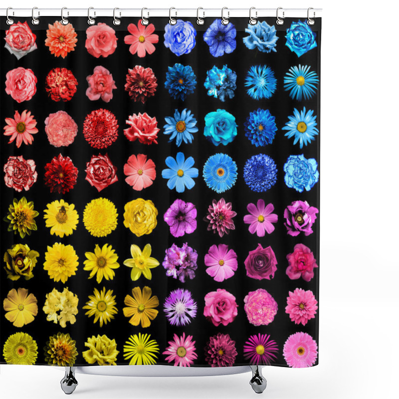 Personality  Mega Pack Of 64 In 1 Natural And Surreal Blue, Yellow, Red And Pink Flowers Isolated On Black Shower Curtains