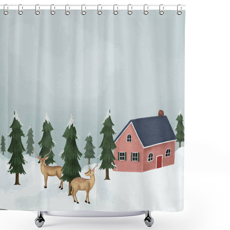 Personality  Hand-drawn Fallow Deer In A Snow-covered Village Shower Curtains