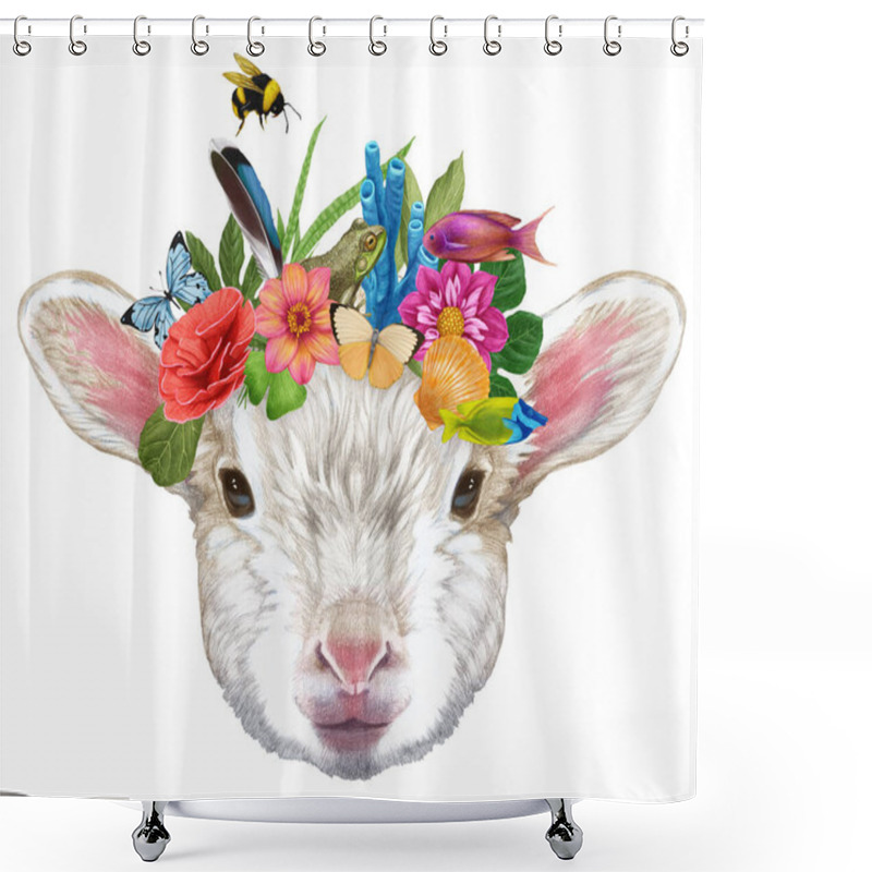 Personality   Hand-drawn Illustration Of Lamb With Flower Wreath Shower Curtains