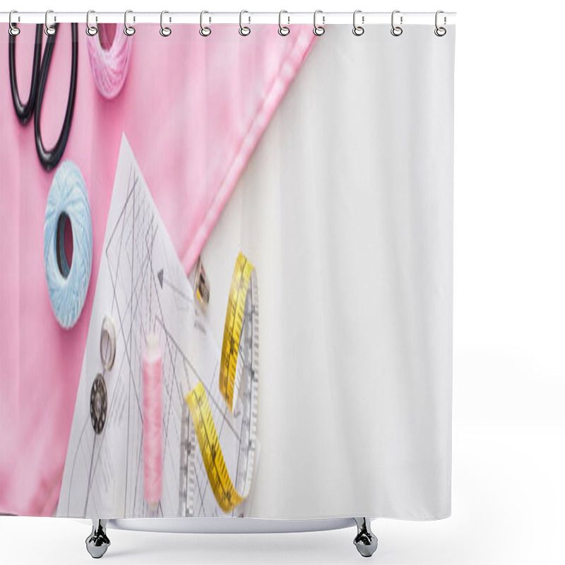 Personality  Panoramic Shot Of Fabric, Knitting Yarn Balls, Measuring Tape, Sewing Pattern, Scissors, Thimbles, Bobbins And Thread On White Background  Shower Curtains