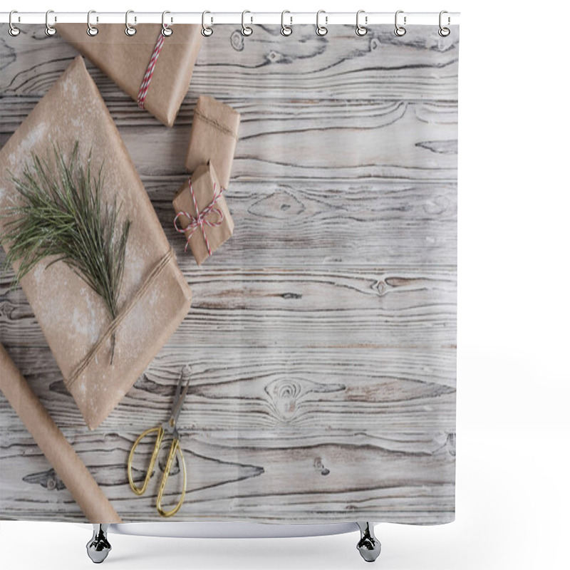 Personality  Handmade Gifts Made From Craft Paper Christmas Rope And Tree On The Rustic Wood Planks Background. DIY. Shower Curtains