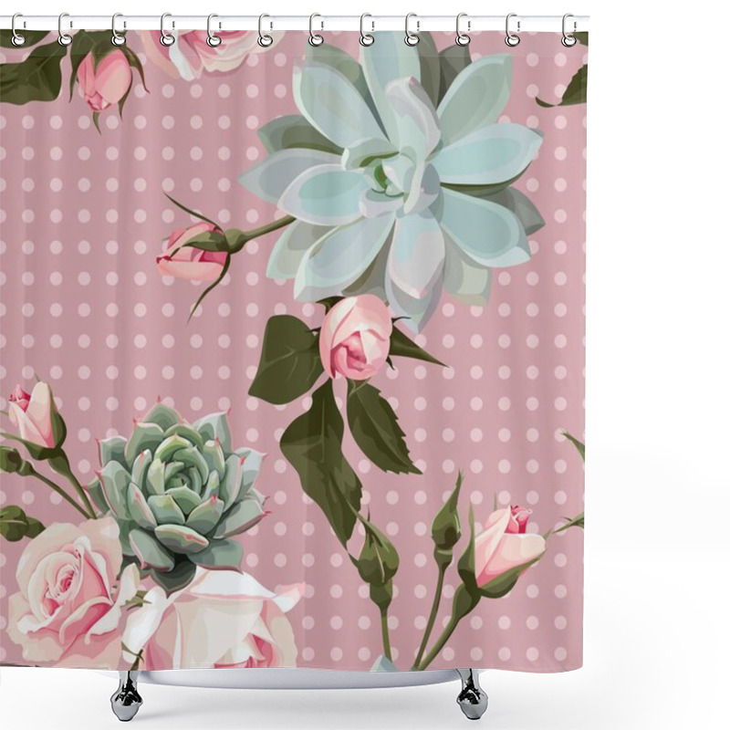 Personality  Succulents And Roses Vector Seamless Pattern Shower Curtains