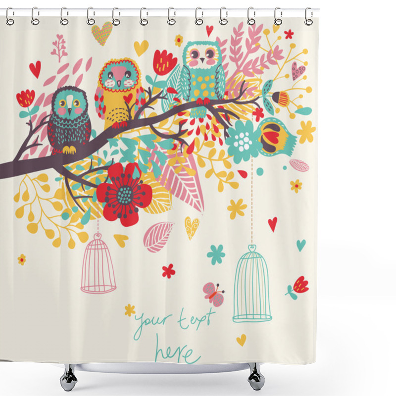 Personality  Funny Cartoon Illustration, Trendy Card With Owls Sitting On The Brunches Shower Curtains